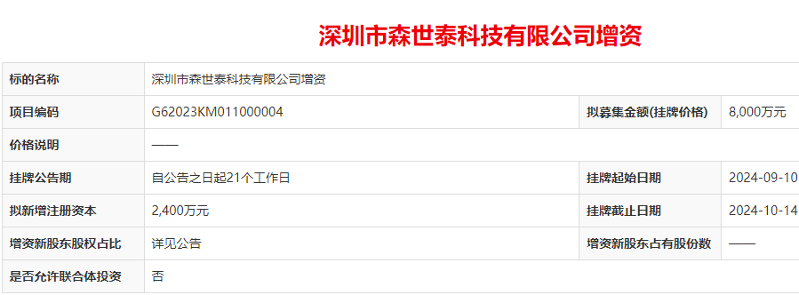 挂牌价格为8000万元！深圳市森世泰科技有限公司增资项目发布近日，深圳市