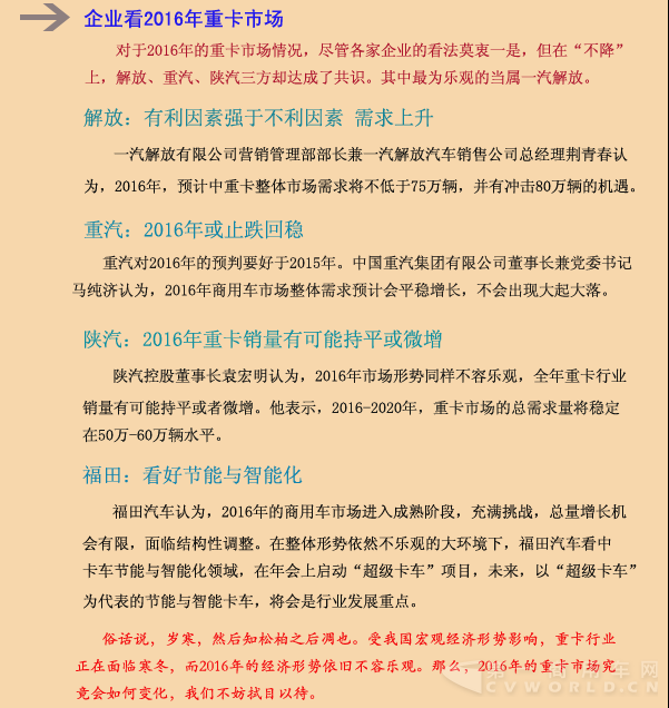 重卡五强2016年首轮PK 五张图看懂市场走向
