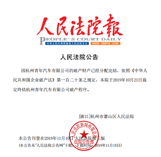 从人民法院公告网了解到，因杭州青年汽车有限公司的破产财产已经分配完结，依照《中华人民共和国企业破产法》第一百二十条之规定，本院于2019年10月21日裁定终结杭州青年汽车有限公司破产程序。