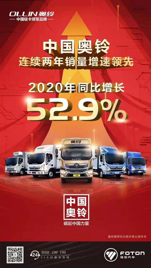 中国昂扬奋进，奥铃步步紧随。作为中国轻卡行业领导者，2020年，中国奥铃战疫情、保民生、促就业，体现了大国品牌应有的责任和担当，释放了澎湃向上的中国力量。