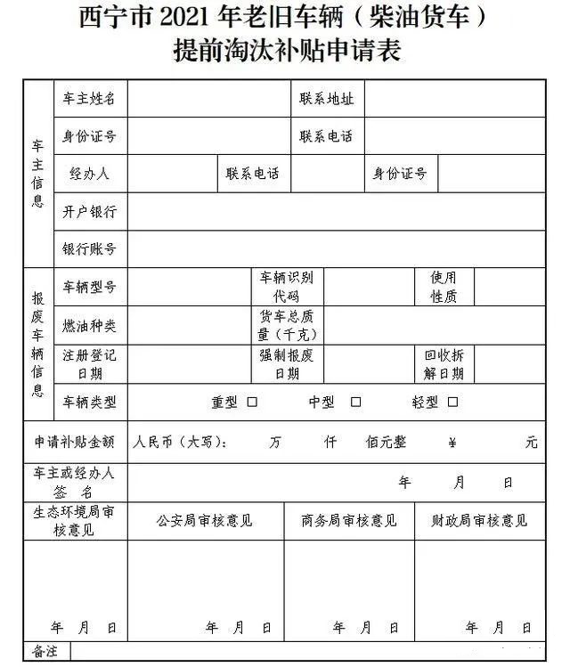 近日，西宁市生态环境局发布了《2021年西宁市老旧车辆（柴油货车）鼓励淘汰工作方案》的通知。通知表示，为了改善西宁市大气环境质量，根据《西宁市柴油货车污染治理攻坚战实施方案》精神，西宁决定对老旧车辆（柴油货车）逐批实施提前淘汰补贴方式，鼓励国三及以下排放标准的柴油货车逐步淘汰，持续减少机动车排气污染。