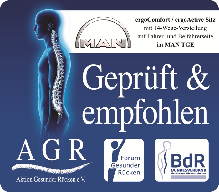 作为脊背健康产品的“推荐大师”，德国脊背健康协会（AGR）对曼恩TGE上搭载的悬浮座椅“ErgoActive”和对乘客脊椎健康友好的“ErgoComfort”给予了认证。
