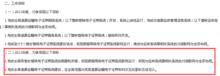 2021年，在交通运输部发布的《关于加快推广应用道路运输电子证照提升数字化服务与监管能力的通知》中要求2022年底，全面推广道路运输电子证照。