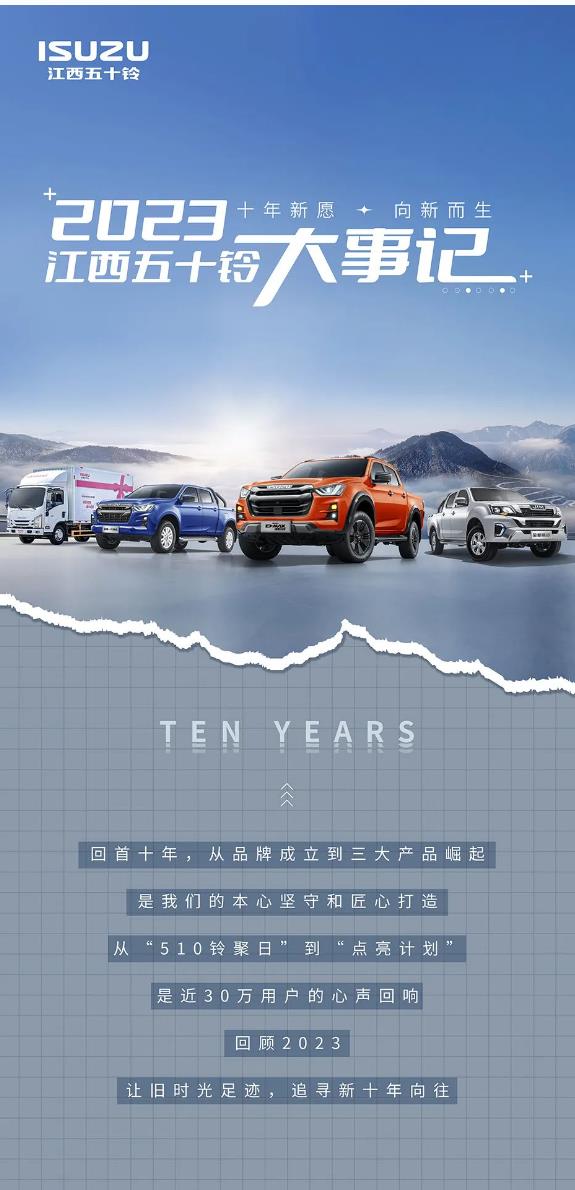 从品牌成立到三大产品崛起，从“510铃聚日”到“点亮计划”，江西五十铃以本心筑造匠心，回馈近30万用户的心声，再启壮阔新征程。