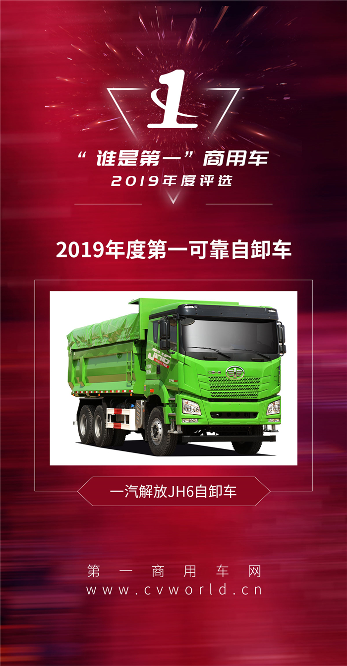 近日，由第一商用车网主办的2019“谁是第一”商用车年度评选总决赛暨颁奖典礼在北京举行，众多品牌车型逐鹿奖项。在重卡领域，一汽解放JH6凭借卓越的品质与优异的市场表现，斩获两项行业年度“第一”殊荣，依次是“2019年度第一省油重卡”、“2019年度第一可靠自卸车”，树立了行业新标杆。
