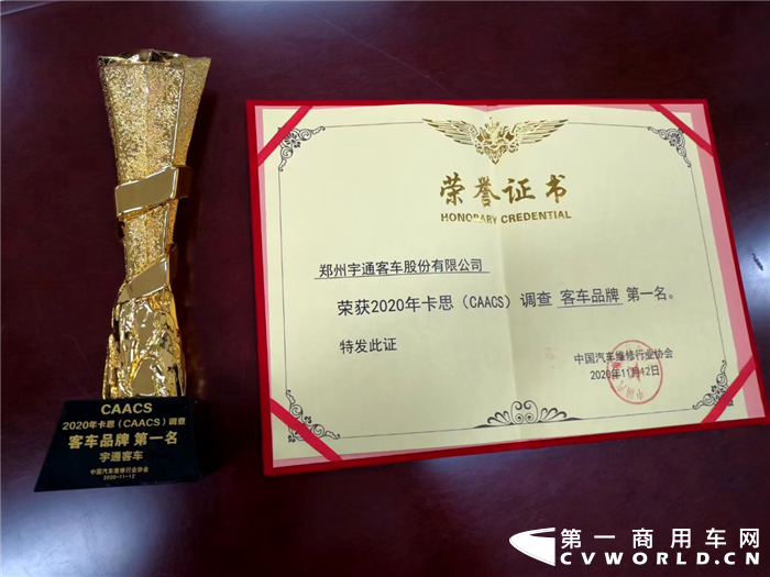11月12日，由中国汽车维修行业协会汽车制造企业售后服务工作委员会举办的2020年度中国汽车售后服务满意度卡思调查(CAACS)结果正式公布，宇通客车以87.82分的成绩荣获“售后服务客户满意度”(商用车客车类)冠军，也是连续第三年蝉联该项冠军。