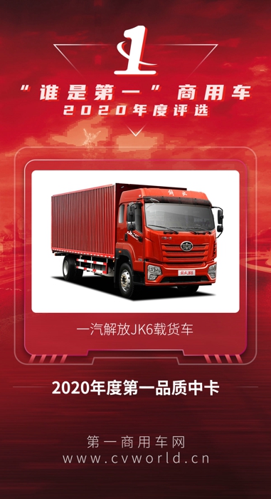 近日，2020（第五届）“谁是第一”商用车年度评选总决赛暨颁奖典礼在北京隆重举行。通过线上和线下投票，本次活动共评选出涵盖多个细分市场的多项大奖。其中，一汽解放JK6载货车从中脱颖而出，斩夺“2020年度第一品质载货车”大奖。