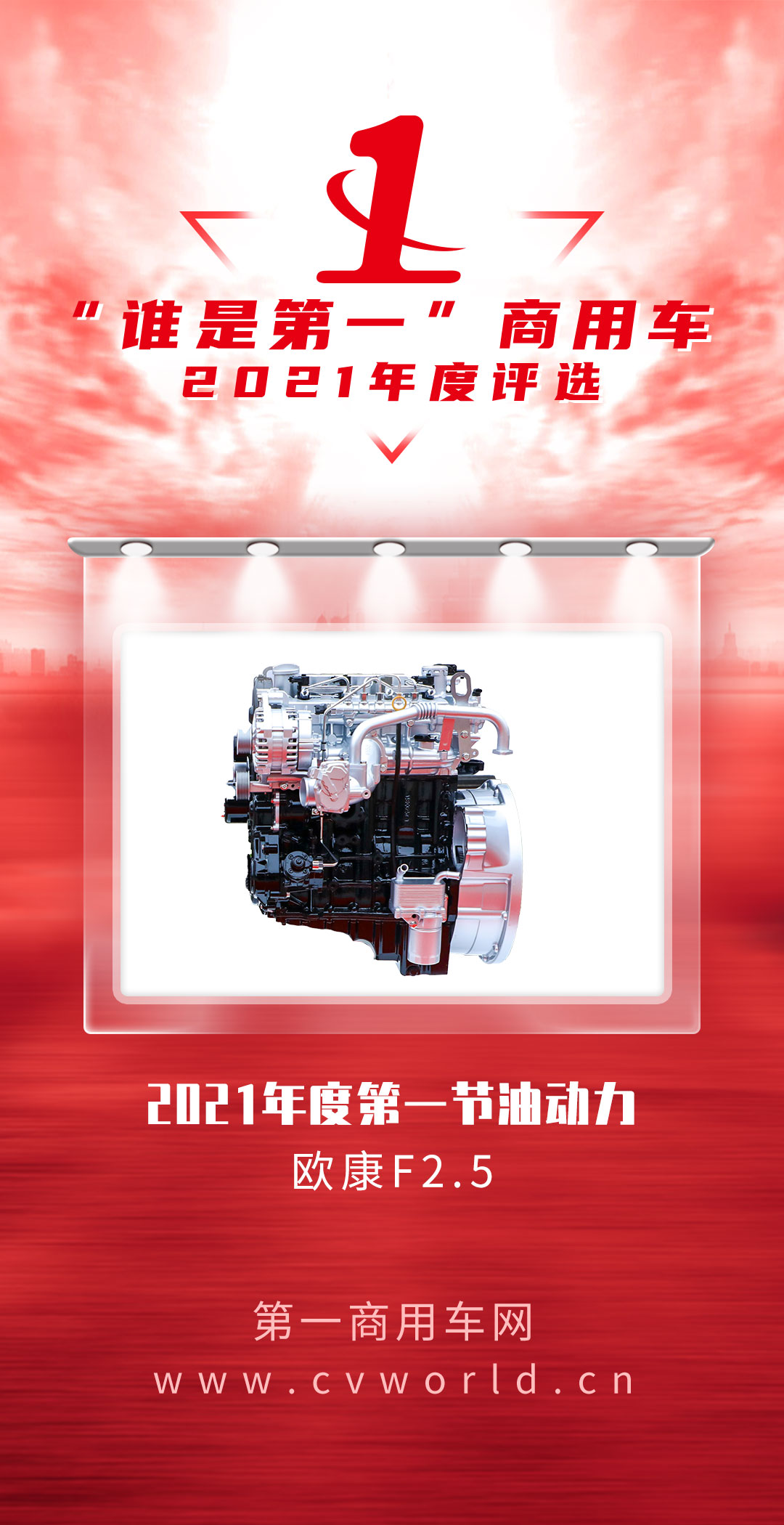 11月25日，由第一商用车网举办的2021（第六届）“谁是第一”商用车年度评选总决赛暨颁奖典礼，在北京盛大举行。欧康F2.5从众多发动机中脱颖而出，成功斩获“2021年度蓝牌轻卡第一动力”、“2021年度第一节油动力”、“2021年度第一轻量化动力”三项大奖。