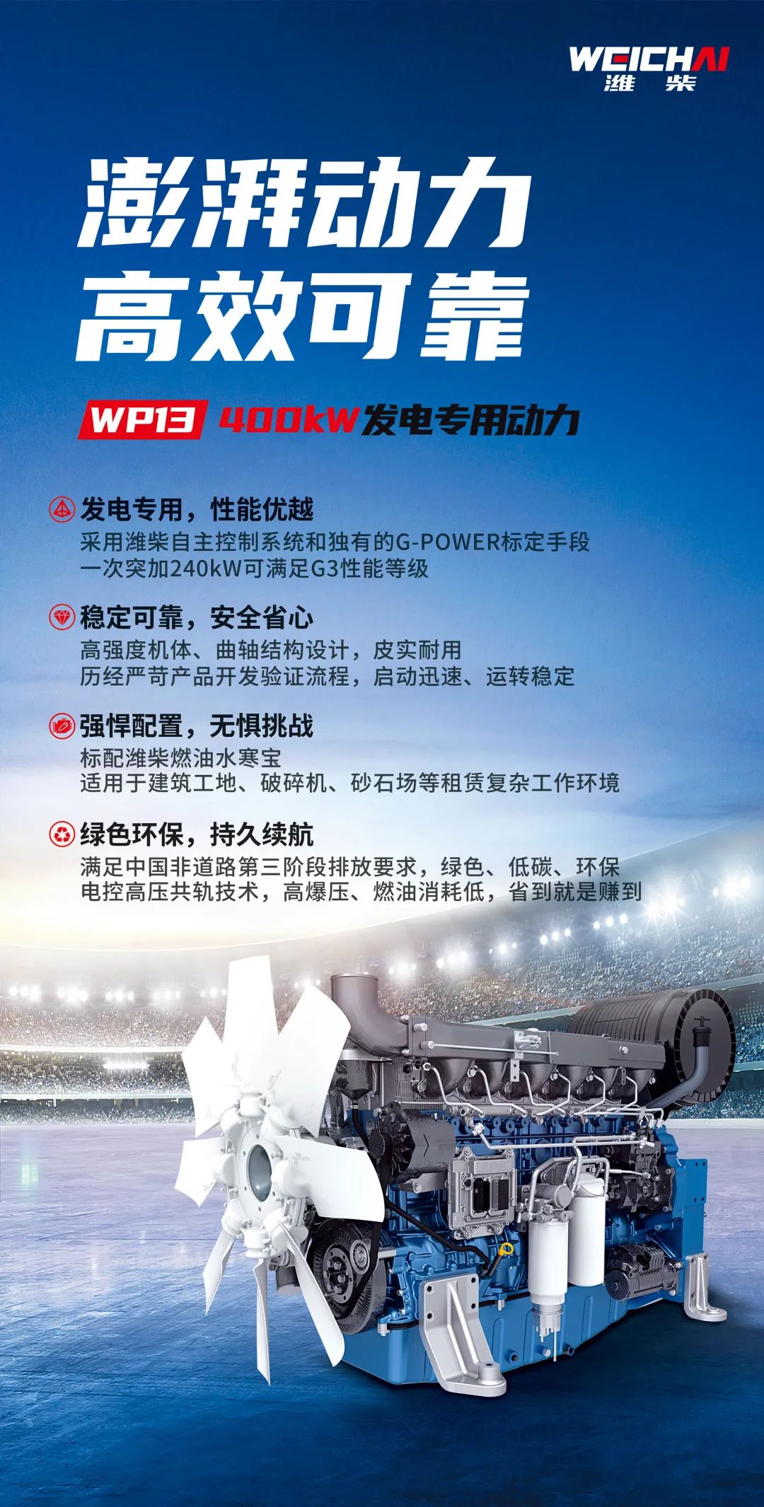 来自河南郑州的李老板，是潍柴发电产品的忠实客户，拥有多台潍柴发电产品。尤其是WP13发电动力，大多租赁给一些工厂、工程、展会等临时用电需求场所。在他眼里，潍柴WP13真不赖，关键时刻顶得住。