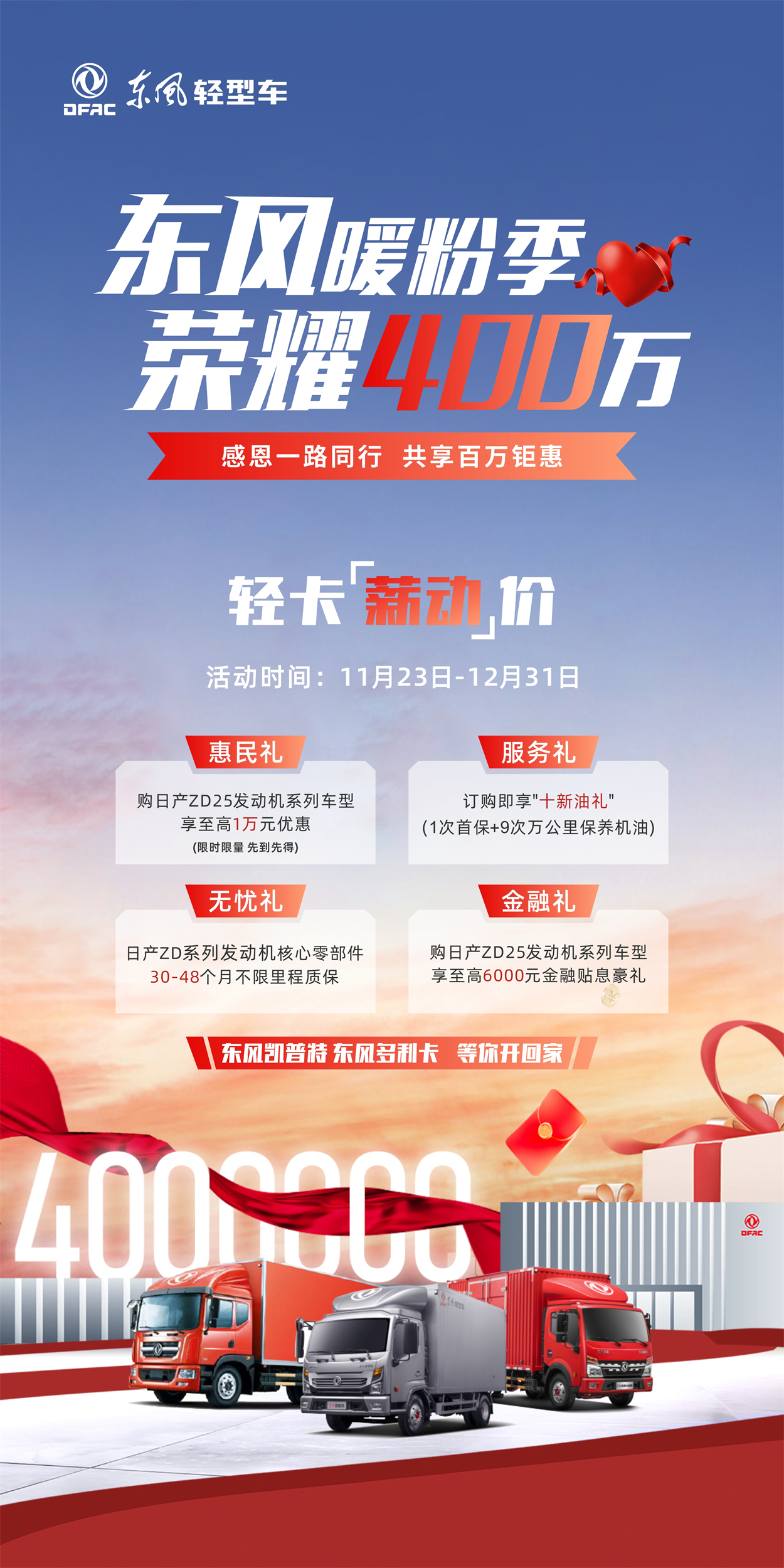 为全面回馈客户信赖，感恩携手同行，11月23日至12月31日期间，东风轻型车隆重推出“东风暖粉季 荣耀400万”回馈活动，百万钜惠，持续放送中。
