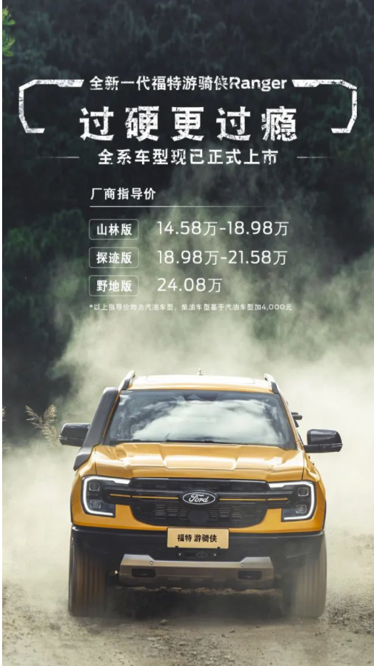 12月20日，全新一代福特游骑侠Ranger全系车型在云南昆明正式上市，官方指导价14.58万元起。江铃集团党委书记、董事长邱天高，福特中国总裁兼首席执行官吴胜波，江铃股份总裁熊春英，集团班子成员衷俊华、丁文敏，江铃福特科技总裁刘继升出席发布会。