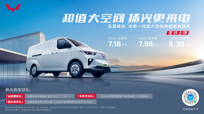 3月11日，五菱汽车旗下全新一代超大空间新能源商用车五菱扬光正式上市，售价7.18万元-8.38万元。