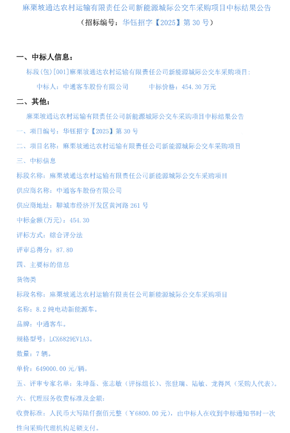 10月29日，麻栗坡通达农村运输有限责任公司新能源城际公交车采购项目中标结果公告发布。公告显示，中标人为中通客车股份有限公司，中标价格为454.3万元。