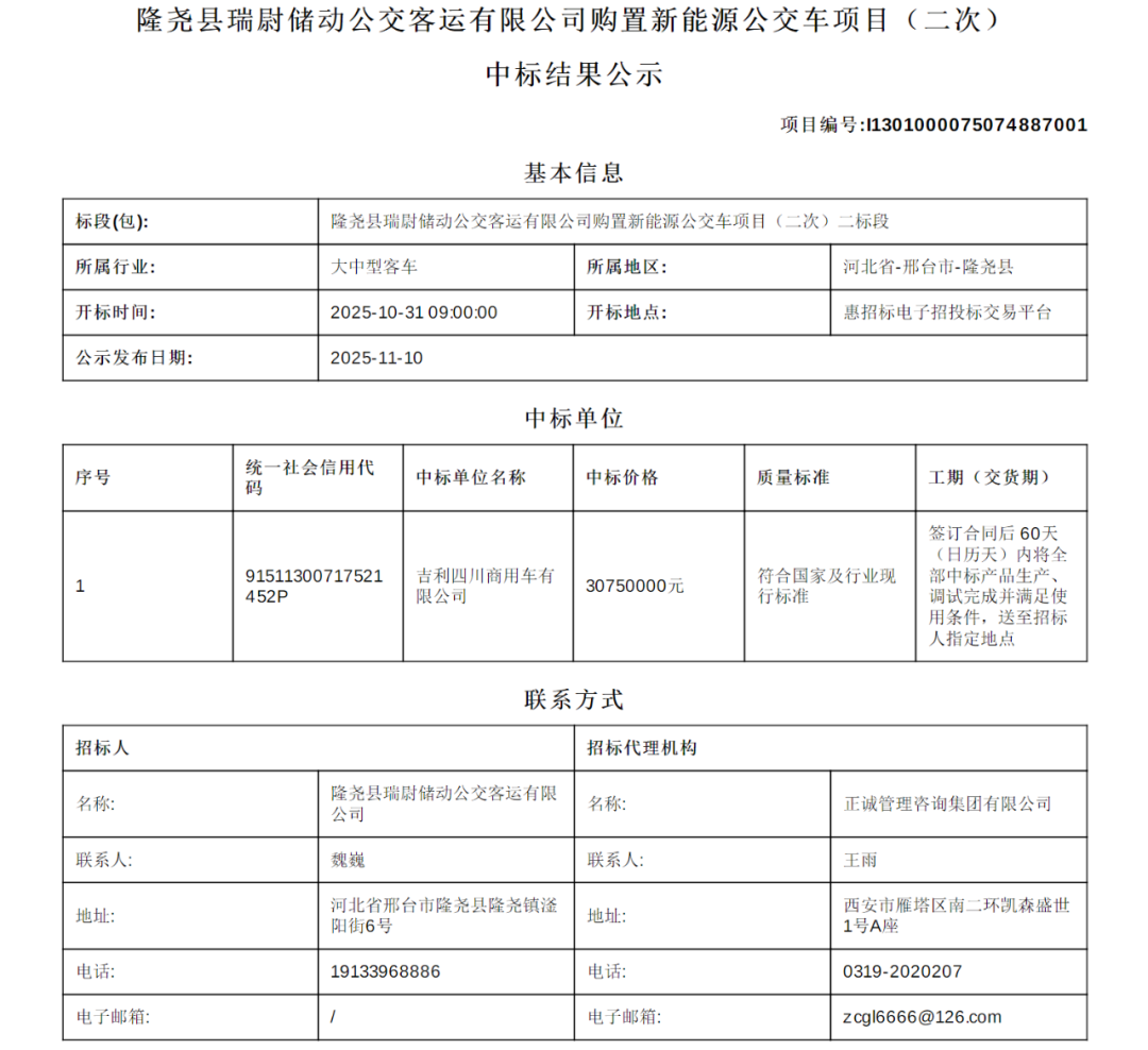 日前，河北省邢台市隆尧县瑞尉储动公交客运有限公司购置新能源公交车项目（二次）中标公告发布。根据此前招标公告显示，该项目共分为两个标段，一标段为50辆（16+1座），二标段为50辆（24+1座），共购置100辆新能源公交车。